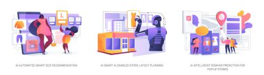Moda Perakendecisi için Al Çözümleri soyut konsept vektör çizimi. Yapay zeka boyutlandırması, depolama düzeni ve moda perakende performansını optimize etmek için öngörü talebi. soyut metafor.