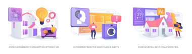 Akıllı Ev Verimliliği soyut konsept vektör çizimi için yapay zeka. AI enerji tasarrufu, bakım uyarıları ve verimli ev yaşamı metaforu için akıllı iklim kontrolü sağlar.
