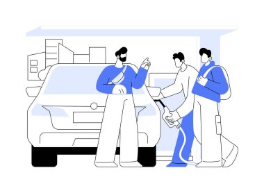 Tam depo karikatür vektör çizimleri. Gülümseyen arkadaşlar benzin doldurur, benzin istasyonundaki adamlar birlikte seyahat eder, depo dolu bir yolculuk, otomobil macera çizgi filmi.