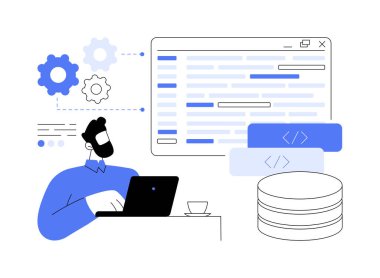 Veritabanı izole edilmiş çizgi film çizimleri programlıyor. Profesyonel bilişim şirketi geliştiricisi veritabanı mimarisi, yazılım mühendisliği, kodlama ve programlama süreci, vektör karikatürü oluşturdu.