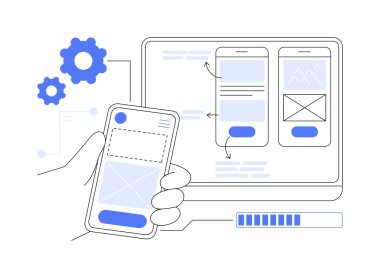 Kullanılabilirlik testi izole edilmiş karikatür vektör çizimleri. Mobil uygulamaların kullanılabilirliğini test eden adam, kullanım analitik raporu, UX tasarım endüstrisi, bilişim şirketi, yazılım geliştirme vektör karikatürü.