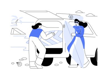 Sörf gezisi karikatür vektör çizimlerini izole etti. Mutlu kızlar bir minibüsle seyahat eder, sörfe hazırlanır, insanların yaşam tarzı, deniz macerası, yol gezisi, arkadaşlarla zaman geçirme vektör karikatürü..