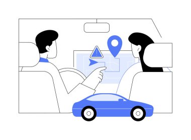 İzole edilmiş karikatür vektör çizimleri kullanılarak. Genç bir çift araba kullanıyor ve GPS kullanıyor. Macera zamanı, yol gezisi, insan yaşam tarzı, varış noktası vektör karikatürü..