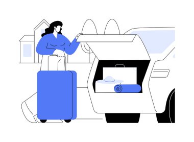 İzole edilmiş vektör çizimlerine geçmeye hazırız. Yolculuğa hazırlanan genç kız, valizli araba bagajı, insanların yaşam tarzı, seyahat bağımlılığı, macera fikri karikatürü..