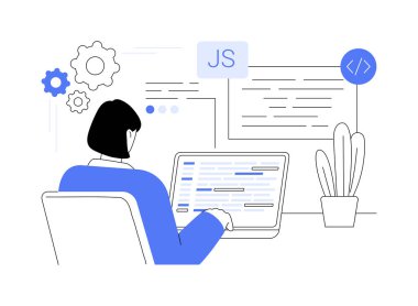 İzole edilmiş karton vektör çizimlerini Javascript. JavaScript ile IT şirketinin ön uç geliştirici programlaması, dizüstü bilgisayarı, istemci tarafı geliştirmesi, kodlama süreci vektör karikatürü.