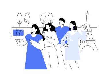 İzole edilmiş karikatür vektör çizimleri. Tarihi binaların, gezilerin, şehir gezilerinin, kültürel deneyimlerin, rehberlerin fotoğraflarını çeken bir grup arkadaş tur vektör karikatürünü yönetiyor..