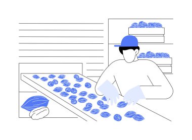 Ceviz üretimi karikatür vektör çizimleri. İnsan ticari fındık üretimiyle, ceviz hasadıyla, tarım endüstrisiyle, işlem üretim sektörü vektör karikatürüyle uğraşır..