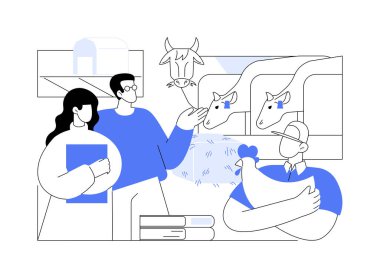 Hayvan bilimi karikatür vektör çizimlerini izole etti. Deneyimli bir çiftçiyle çalışmaya başlayan bir grup çiftçi, ahırda hayvanlar, tarım işçisi vektör karikatürü eğitimi..
