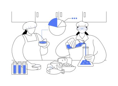 Gıda bilimleri ve teknolojiler karikatür vektör çizimlerini izole etti. Gıda teknolojileri, tarım endüstrisi, tarım işçileri için eğitim ve eğitim alanındaki insanlar vektör karikatürü.