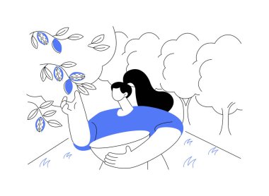 Bademler karikatür vektör çizimlerini büyütüyor. Ağaçtan badem toplayan çiftçi, tarım endüstrisi, tarım işçisi, işleme sektörü vektör karikatürü.