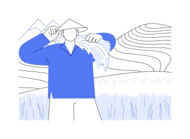 Pirinç, izole edilmiş karikatür çizimleri yetiştiriyor. Pirinç yetiştiren genç çiftçi, tarım hasat üretimi, tarım sektörü sanayi, işlem üretimi sektörü vektör karikatürü.