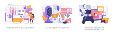 Smarter Homes soyut konsept vektör çizimi için yapay zeka yenilikleri. Yapay zeka su kullanımını izler, düşüşü tespit eder ve daha güvenli, daha akıllı evler için eğlence sistemlerini geliştirir. soyut metafor.