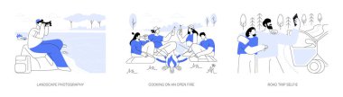 İzole edilmiş karikatür vektör çizimleri. Peyzaj fotoğrafçılığı, hayvanların ve doğanın fotoğraflarını çeken adam, çeşitli arkadaşlar açık, ateş, yol gezisi, selfie vektör karikatürü üzerinde yemek pişirir..