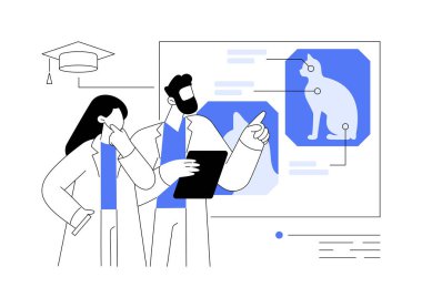 Radyoloji karikatür vektör çizimlerini izole etti. Veterinerlik öğrencileri kedilerin röntgenlerini birlikte izliyorlar, teşhis koyuyorlar, veterinerlik, doktora derecesi, hayvan tedavisi vektör karikatürü..