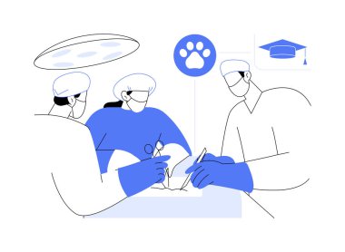 Cerrahi alıştırması, karikatür vektör çizimleri. Bir grup genç veteriner evcil hayvan, doktora derecesi, veterinerlik, hayvan tedavisi vektör karikatürü üzerinde ameliyat oluyor..