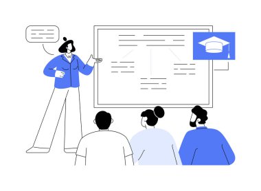 Doktora tezi savunma karikatür vektör çizimleri. Gülümseyen kadın tezi, doktora derecesi, doktora çalışması, yüksek öğrenim, doktora projesi sunum vektörü karikatürü.