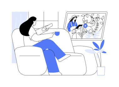 Seyahat bloglarını izlemek karikatür vektör çizimlerini izole etmek. Dizüstü bilgisayarlı genç kız seyahat hakkında bloglar izliyor, tatillere hazırlanıyor, tatil gezisi için vektör karikatürü planlıyor..