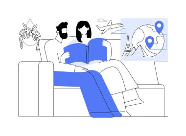 Rehber okuma kılavuzu karikatür vektör çizimlerini izole etti. Mutlu çift rüya varış rehberi okuyor, seyahat için hazırlanıyor, insanların yaşam tarzı, vektör karikatürü ile birlikte tatile çıkmayı planlıyor..