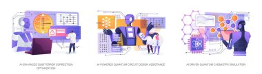 Kuantum Hesaplama 'daki AI Çözümleri soyut konsept vektör çizimi. AI kubit doğruluğunu arttırır, devre tasarımını düzene sokar ve kuantum kimyası simülasyonlarını geliştirir. soyut metafor.