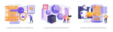 Kuantum Teknolojisi 'ndeki Al Advances soyut konsept vektör çizimi. Yapay zeka kuantum güvenliğini arttırır, yeni algoritmalar keşfeder ve donanım kalibrasyon görevlerini optimize eder. soyut metafor.