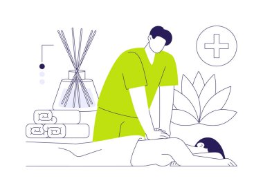 Terapötik masaj soyut konsept vektör çizimi. Doktor hastaya masaj yapıyor, ilaç sektörü, ağrı kesici, gevşeme süreci, osteopati endüstrisi soyut metafor.