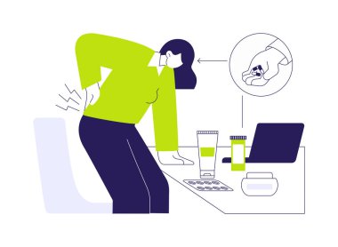 Ağrı kesiciler soyut konsept vektör çizimi. Sırt ağrısı çeken bir hasta, ağrı kesici endüstrisi, ilaç pazarı, uyuşturucu kullanımı, kronik osteokondrosis soyut metafor.