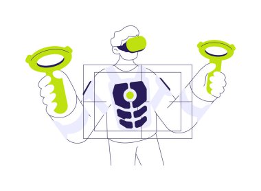 Haptic suit soyut konsept vektör çizimi. Dokunsal kıyafetler giyen genç adam, sanal ve artırılmış gerçeklik, VR eğlence zamanı, modern bilişim teknolojisi, haptik cihaz soyut metaforu.