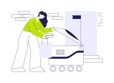 Yemek dağıtım robotu soyut konsept vektör çizimi. Kadın teslimat robotundan yiyecek alıyor, modern teknoloji, servis sektöründe yenilik, dijital özerk kurye soyut metaforu.