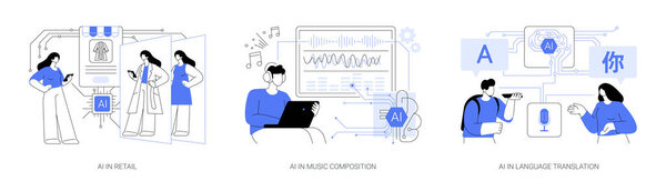 AI Enhancing Everyday Experiences abstract concept vector illustration set. Virtual fitting room, AI-assisted music composition, and real-time AI language translation. abstract metaphor.