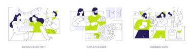 Takım olayları izole edilmiş çizgi film vektör çizimleri. Doğum günü ofis partisi, pizza yiyip eğlenen meslektaşlar, iş yemeği, şirket partisi, Noel ve yeni yıl vektör karikatürü..