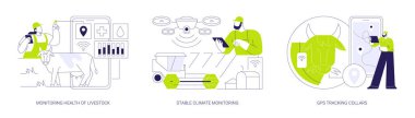Akıllı çiftçilik izole çizgi film vektör çizimleri seti. Hayvanların sağlığının izlenmesi, istikrarlı iklim izleme, GPS izleme tasmaları, IoT teknolojisi, modern tarım vektör karikatürü.