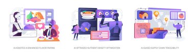 AI-Driven Food System Solutions soyut konsept vektör illüstrasyon seti. Yapay zeka lezzet eşleşmesini geliştirir, besinleri optimize eder ve gıda tedarik zincirleri boyunca izlenebilirliği artırır. soyut metafor.