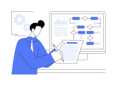 Proje gereksinimleri karikatür vektör çizimlerini izole etti. Bilgisayarla çalışan konsantre adam, iş projesi gereksinimleri, yazılım geliştirme, bilişim şirketi ofis vektör karikatürü.