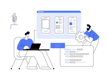 Mobil uygulamalar, karikatür vektör çizimleri geliştiriyor. Profesyonel bilişim şirketi geliştiricileri mobil uygulama oluşturma, yazılım mühendisliği, programlama ve kodlama vektör karikatürü ile çalışırlar.