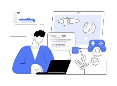 Çevrimiçi oyun geliştirme karikatür vektör çizimleri. Arka uç geliştirici programlama çevrimiçi oyun, yazılım mühendisliği, bilişim şirketi uzmanı, sanal gerçeklik geliştirme vektörü çizgi filmi.