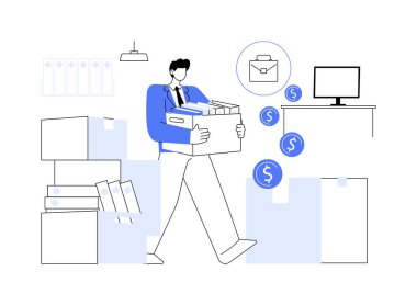 Harcamaları karikatür vektör çizimlerine göre ayarlamak. Gülümseyen bilişim şirketi uzmanı yeni bir yere taşındı, iş yerinin taşınması için para harcadı, simsar vektör karikatürü ile konuştu.