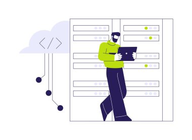 Bulut altyapı mühendisi soyut konsept vektör çizimi. Profesyonel uzman bulut ağlarıyla uğraşır, veri tabanı çalışanı dizüstü bilgisayarla, bilgisayar endüstrisi soyut metaforuyla..