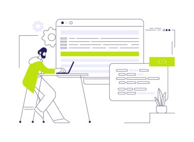 Yazılım geliştirme araçları soyut konsept vektör illüstrasyonu. Yazılım oluşturma, modern teknoloji, programlama ve kodlama süreci için araçlar kullanan profesyonel bilişim geliştiricisi.