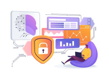 Gelişmiş Uzaktan İşlem Güvenlik Sistemleri soyut konsept vektör çizimi. Yapay zeka, siber güvenlik tehditlerini önlemek için uzak çalışma ortamlarını izliyor. soyut metafor.