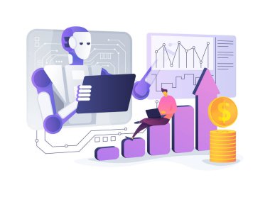 Yatırım Yönetimi Robot Danışmanları soyut konsept vektör çizimi. Otomatik platformlar çeşitli yatırım portföylerinin yönetiminde kullanıcılara yardımcı olur. soyut metafor.