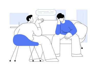 İlk oturum karikatür vektör çizimlerini izole etti. Adamın psikolog danışmanlık seansı, terapist tavsiyesi, akıl sağlığı sorunu, psikolojik kriz, kişisel kanepe vektör karikatürü var..