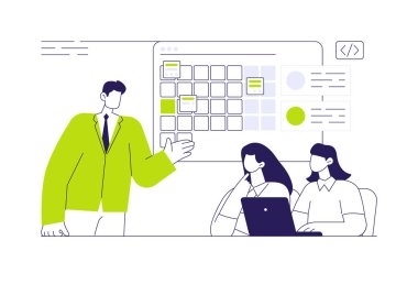 Cesur yazılım soyut konsept vektör çizimi. Bir grup iş adamı dizüstü bilgisayarda, bilişim teknolojisinde, ekran soyut metaforunda profesyonel takvim uygulaması kullanıyor..