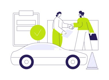 Ehliyet sınavını geçmek soyut konsept vektör çizimi. Eğitmen, sürücü kursunu başarıyla bitiren kadını tebrik ediyor. Sınavlar soyut metaforu geçti..