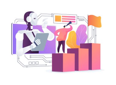 AI-Güçlü Liderlik Koçluğu soyut konsept vektör çizimi. Yapay zeka platformları, liderlerin yönetim becerilerini geliştirmeleri için kişisel koçluk hizmeti sunmaktadır. soyut metafor.