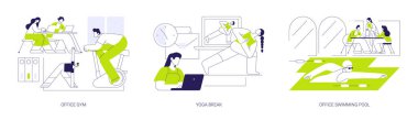 Modern ofisteki eğlence tesisleri karikatür vektör çizimleri ayarlandı. Ofis salonu, modern işyerinde yoga molası, yüzme havuzu, aktif yaşam tarzı ve iş arkadaşları için eğlenceli vektör karikatürü..