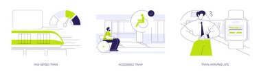 Yüksek hızlı tren yolu soyut konsept vektör çizimi seti. Yüksek hız tren istasyonu, engelli yolcular için ulaşılabilir şehir ulaşımı, tren gecikmeleri, şehir ulaşımı soyut metafor.