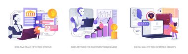 AI Fraud Prevention Solutions soyut konsept vektör illüstrasyon seti. Gerçek zamanlı dolandırıcılık, otomatik yatırım yönetimi ve biyometrik güvenlikli dijital ödeme cüzdanları. soyut metafor.