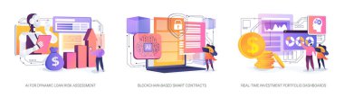 Al-Driven Finansal optimizasyon soyut konsept vektör illüstrasyon seti. Dinamik risk değerlendirmesi, otomatikleştirilmiş akıllı sözleşmeler ve yapay zeka göstergeleriyle gerçek zamanlı portföy analizleri. soyut metafor.