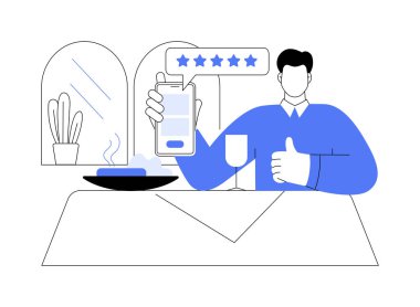 Bir restoranı karikatür vektör çizimlerine göre sınıflandırmak. Yemek blogcusu derecelendirme kafe, restoranda yemek yemek, akıllı telefon tutmak, notlar almak, barmen çizgi filmini eleştirmek..