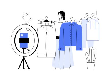 Kapsül dolabı karikatür vektör çizimleri. Çevrimiçi kanal, şık kıyafetler ve aksesuarlar, kıyafet koleksiyonu vektör karikatürü için temel gardırobunun videosunu çeken nüfuzlu kişi..